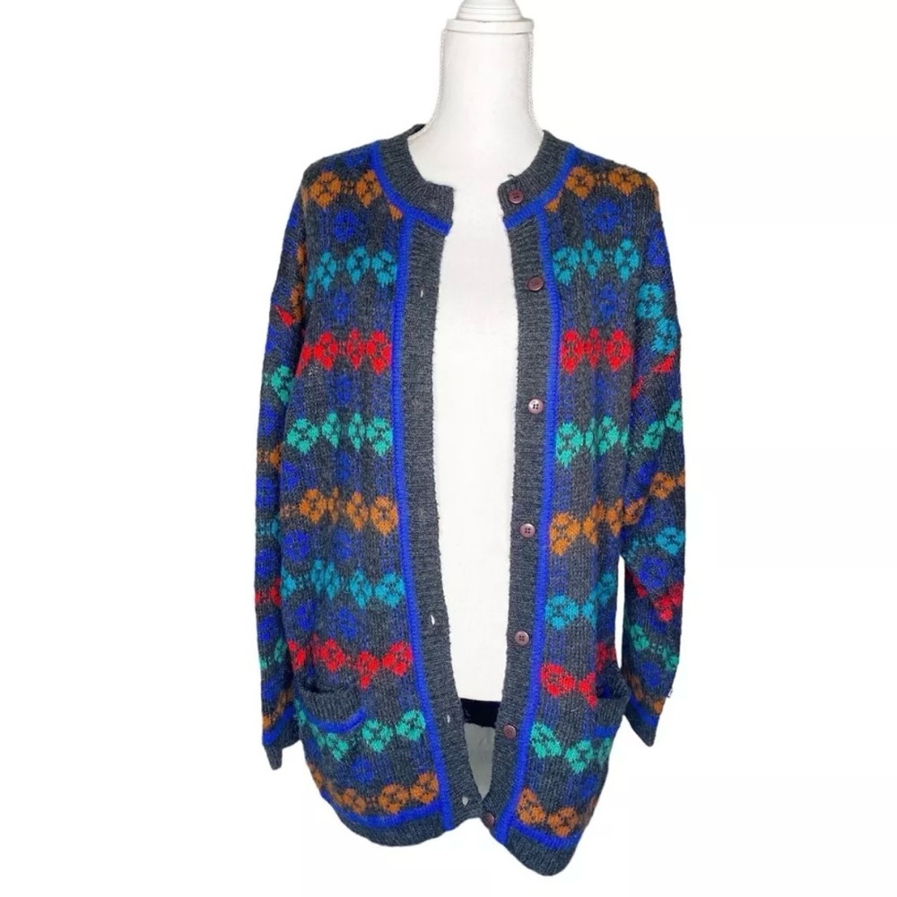 VINTAGE RUSS STUDIO Women Grandpa Sweater Wool Button Up Crew Neck Large